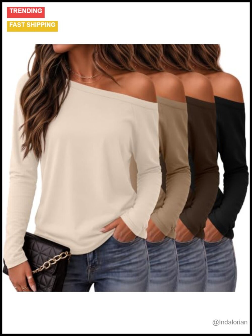 Women's Off Shoulder Boat Neck Long Sleeve Tops 4 Pack Soft Stretch